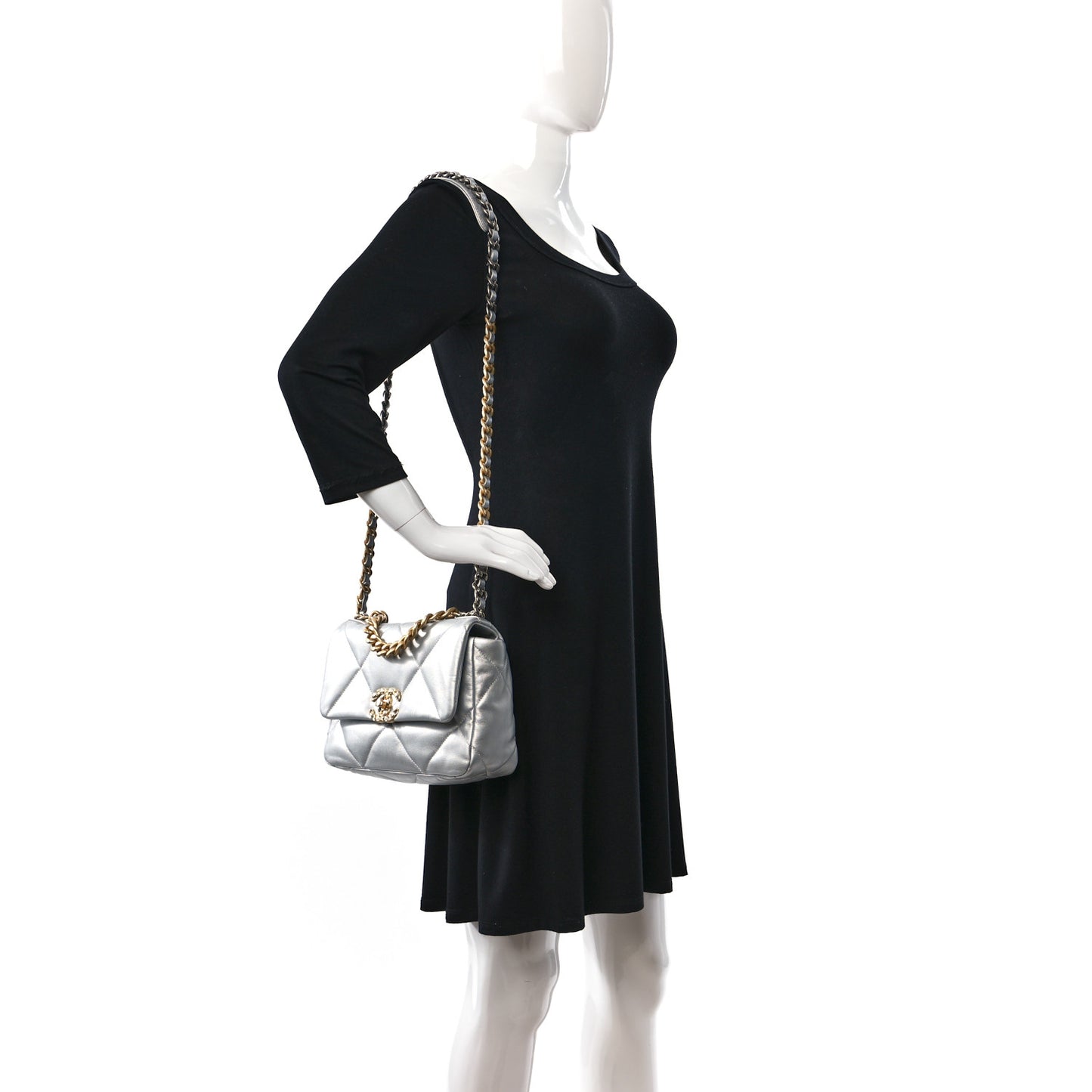 Metallic Goatskin Quilted Medium Chanel 19 Flap Silver