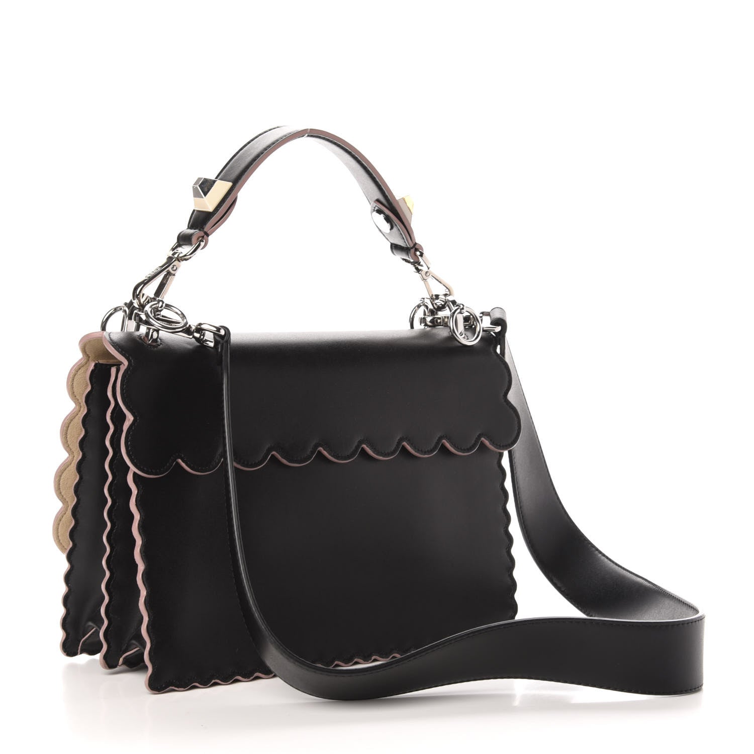Fendi Vitello Liberty Pearl Bi-Color Flowers and Bow Scalloped Studded Kan I Shoulder Bag Black Soap 4 of 12