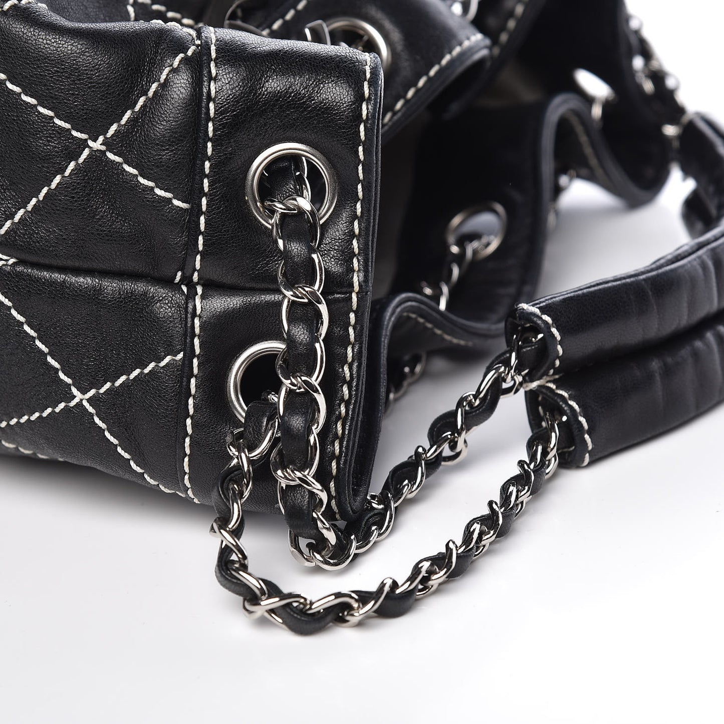 Lambskin Contrast Stitch Small Drawstring Tote Black