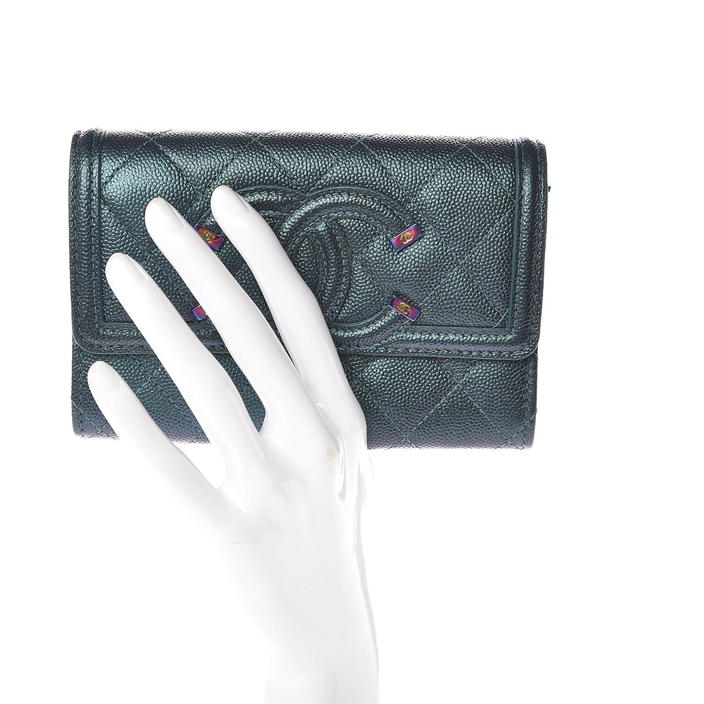 Iridescent Caviar Quilted Medium Filigree Flap Wallet Dark Turquoise