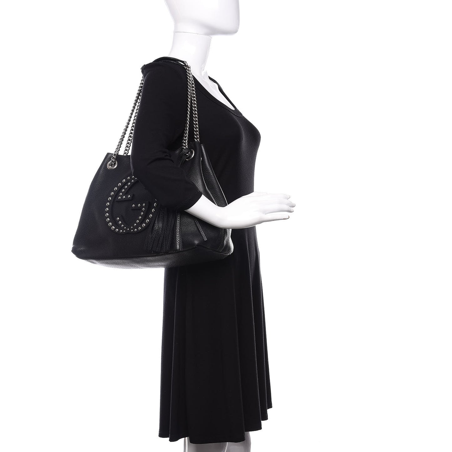 Pebbled Calfskin Studded Medium Soho Chain Shoulder Bag Black