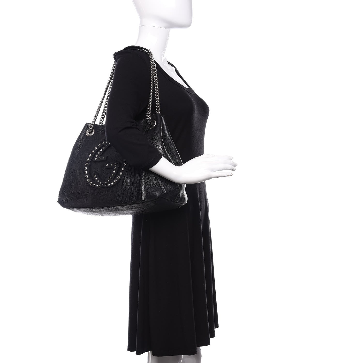 Gucci Pebbled Calfskin Studded Medium Soho Chain Shoulder Bag Black 2 of 15