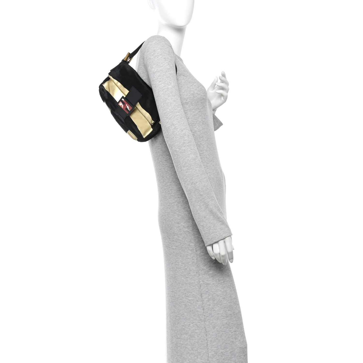 Fendi Metallic Calfskin Calf Hair Baguette Black Gold 2 of 13