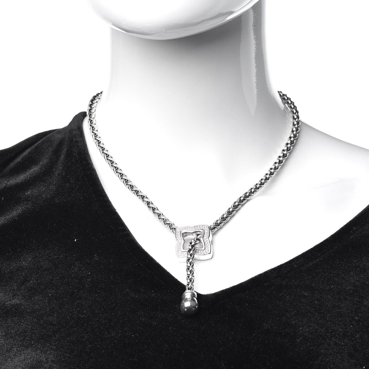 David Yurman Sterling Silver Diamond Quatrefoil Lariat Wheat Chain Necklace 2 of 6
