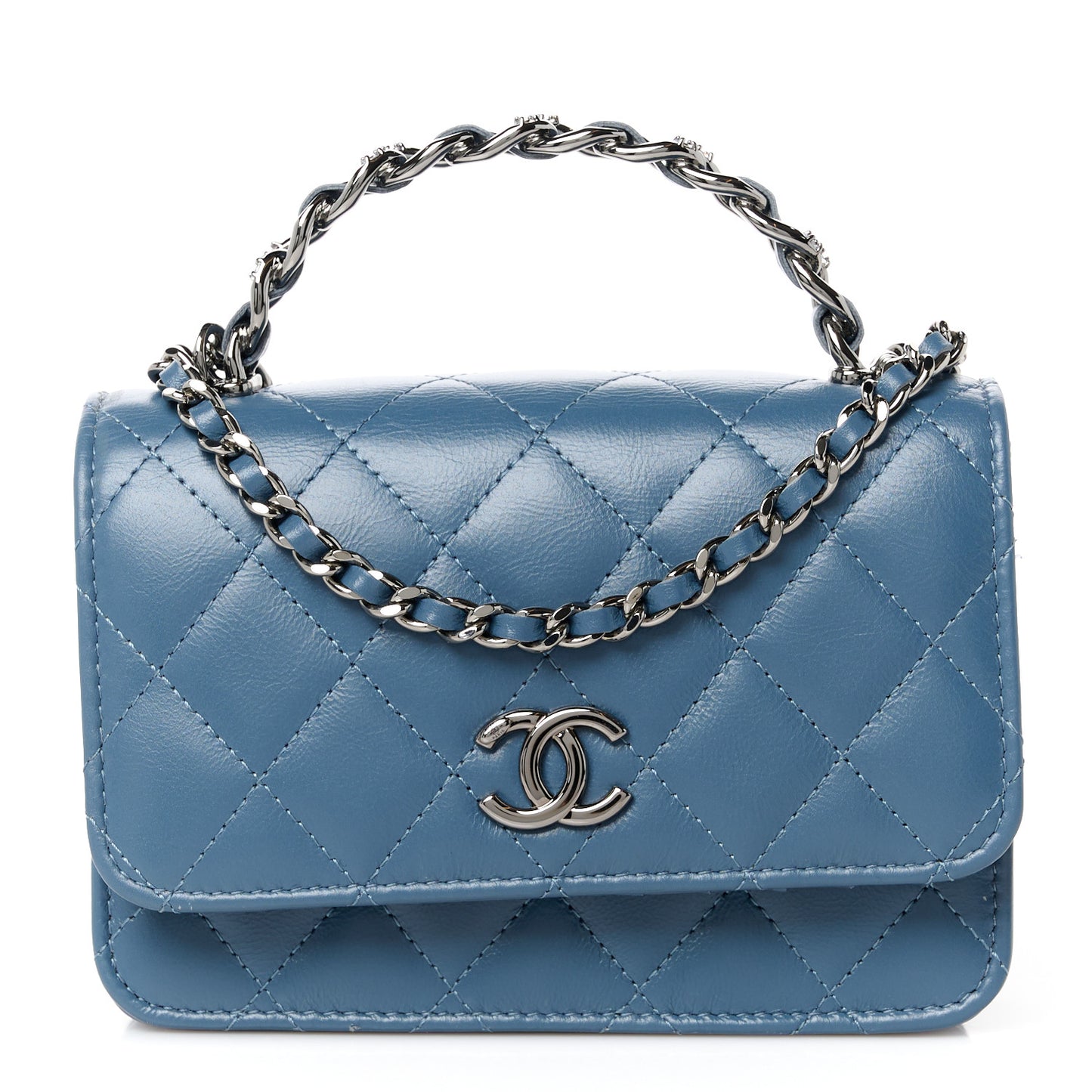 Shiny Crumpled Calfskin Strass Quilted Mini Top Handle Wallet On Chain Blue
