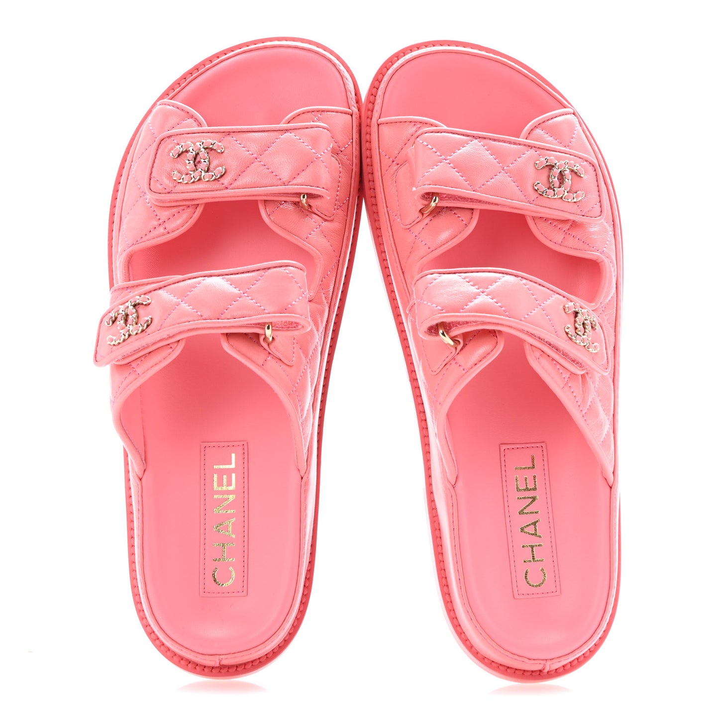 Lambskin Quilted Velcro Dad Chain CC Slide Sandals 39 Pink