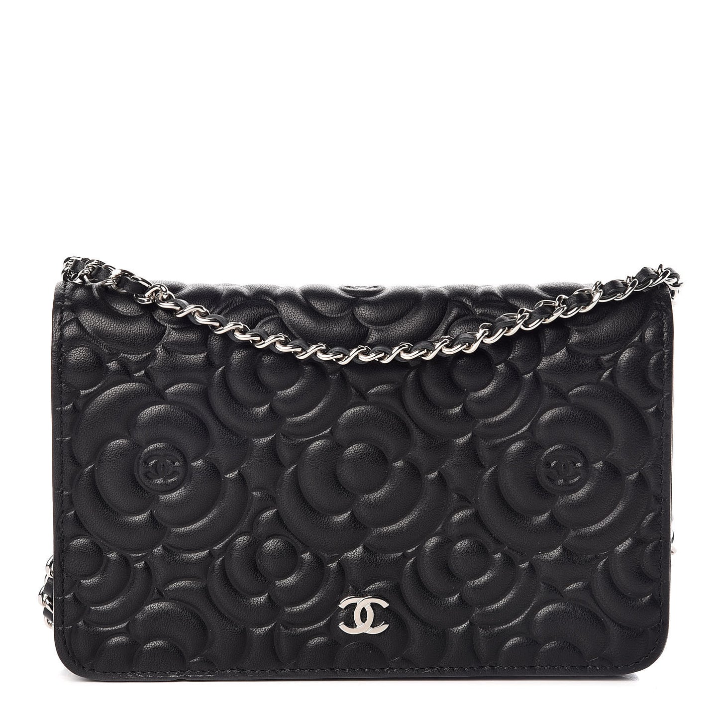 Lambskin Camellia Embossed Wallet On Chain WOC Black