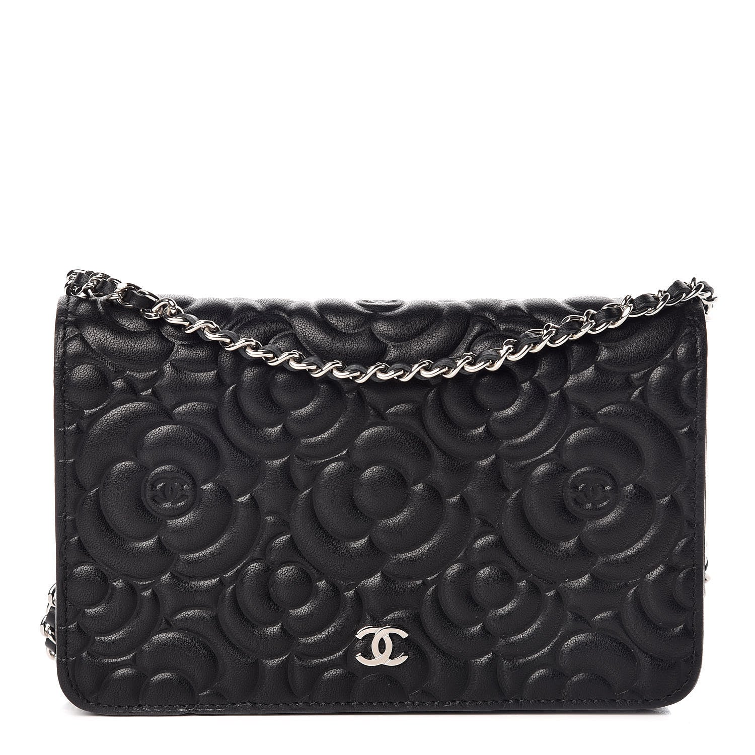 Chanel Lambskin Camellia Embossed Wallet On Chain WOC Black 1 of 11