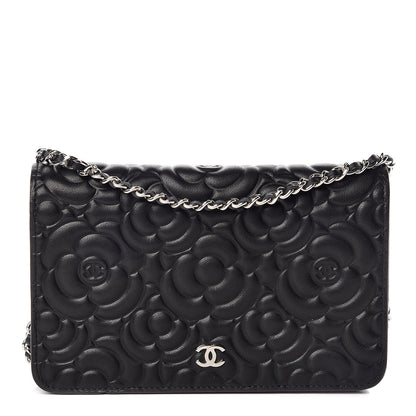 Chanel Lambskin Camellia Embossed Wallet On Chain WOC Black 1 of 11