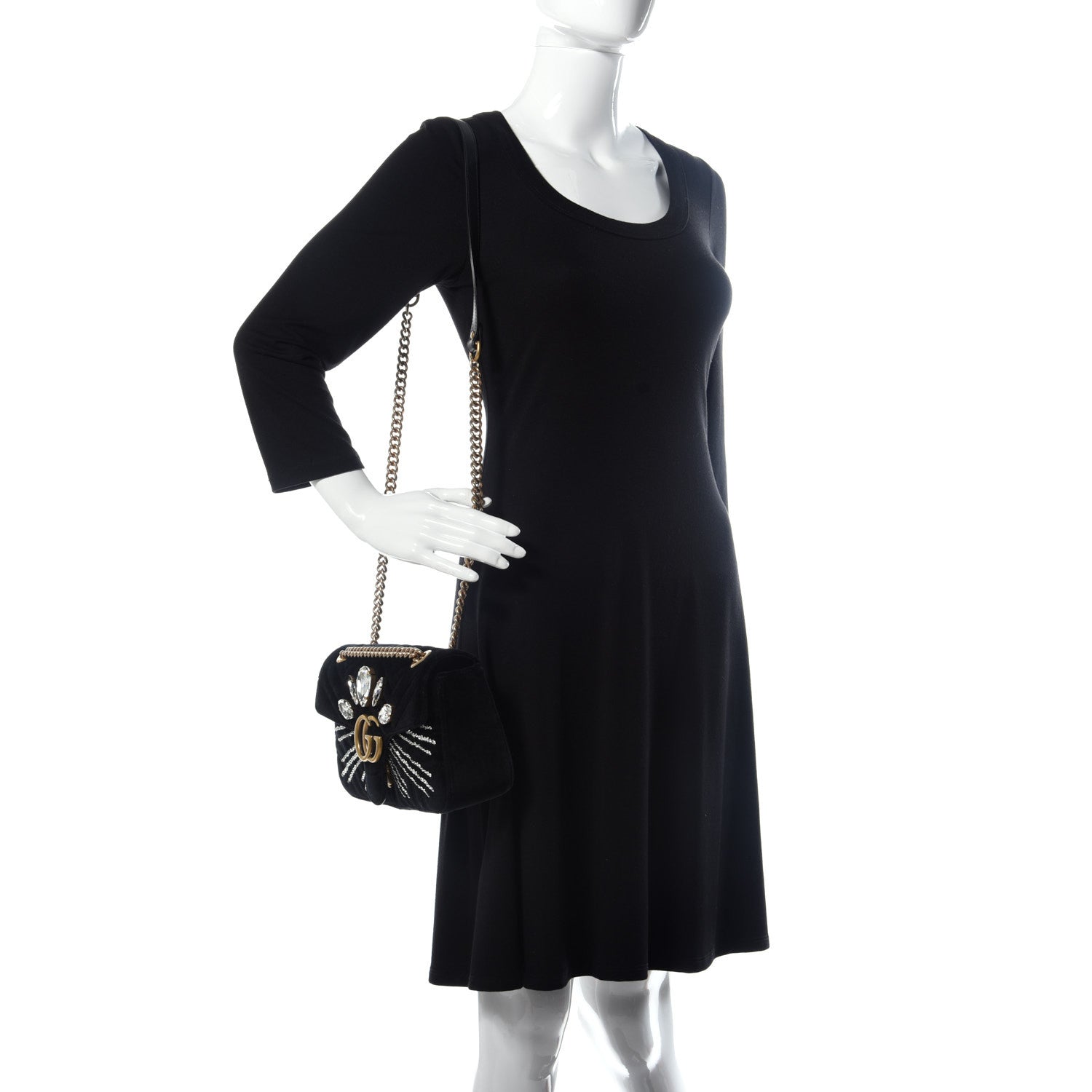 Gucci Velvet Matelasse Marquise Crystals Embroidered Small GG Marmont Shoulder Bag Black 2 of 11