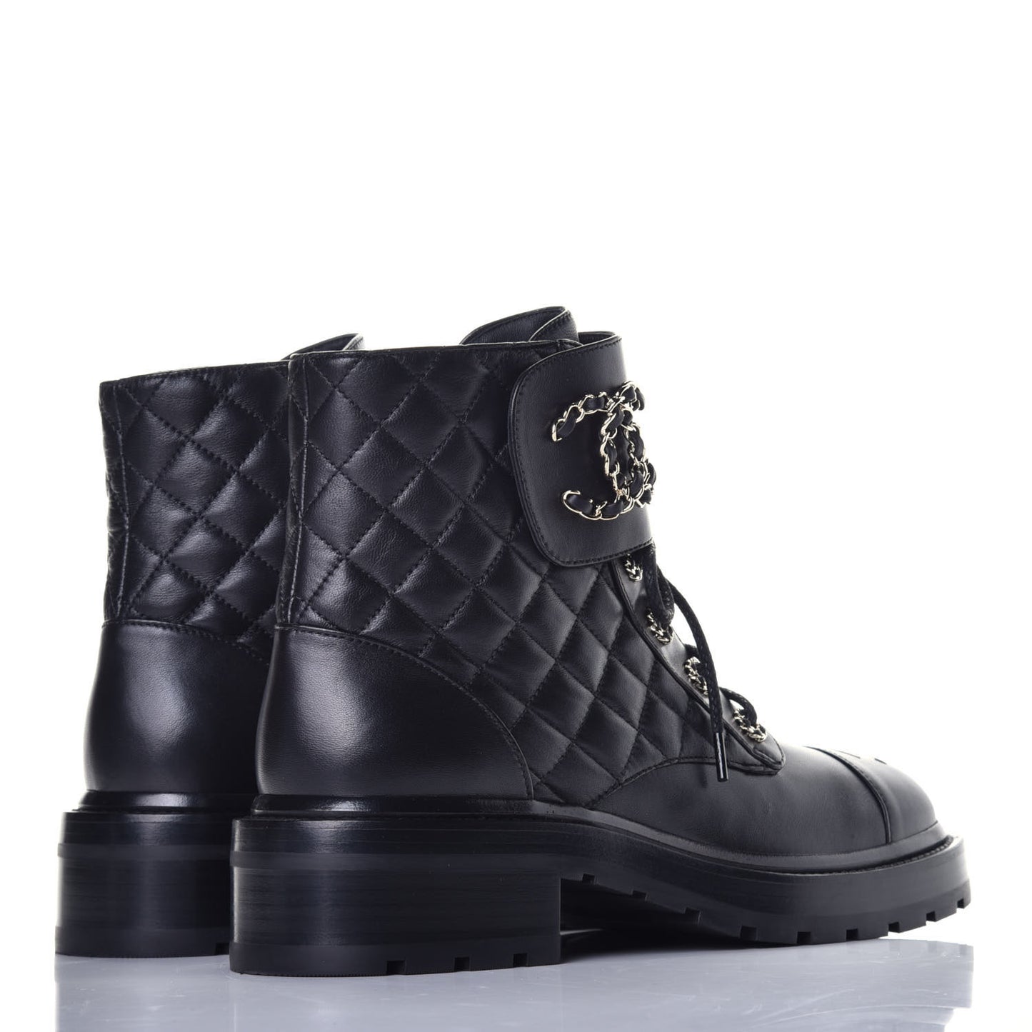 Shiny Lambskin Quilted Lace Up Combat Boots 39 Black