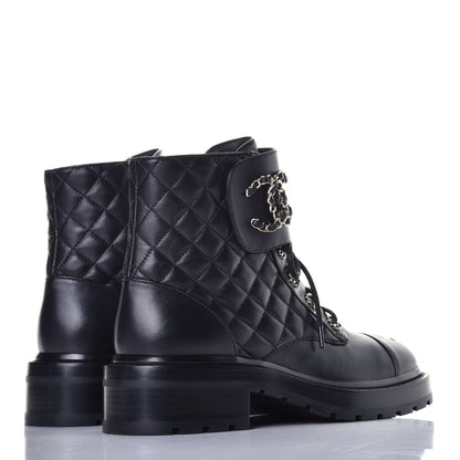 Chanel Shiny Lambskin Quilted Lace Up Combat Boots 39 Black 4 of 9