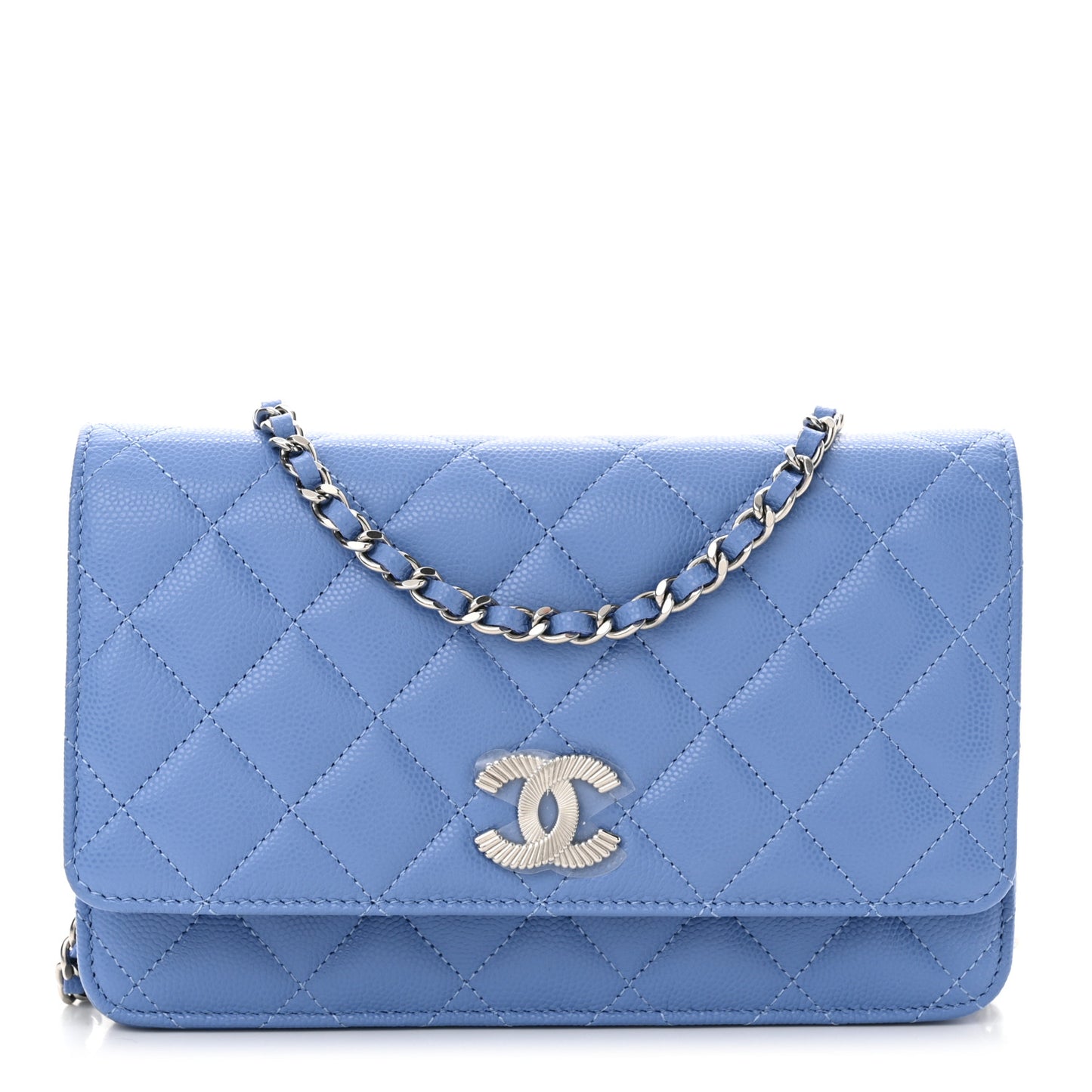 Caviar Quilted Ribbed Metal Wallet on Chain WOC Blue