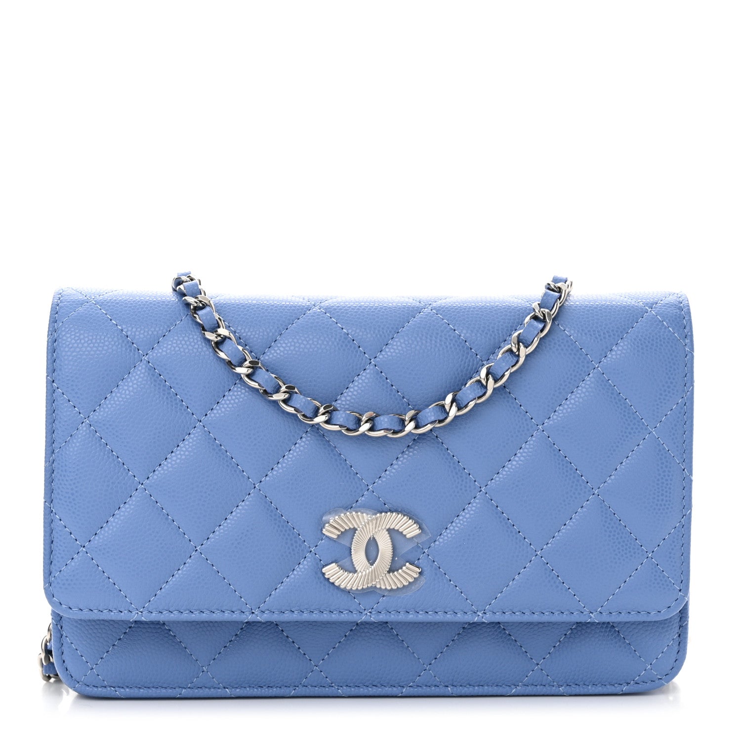 Chanel Caviar Quilted Ribbed Metal Wallet on Chain WOC Blue 1 of 12