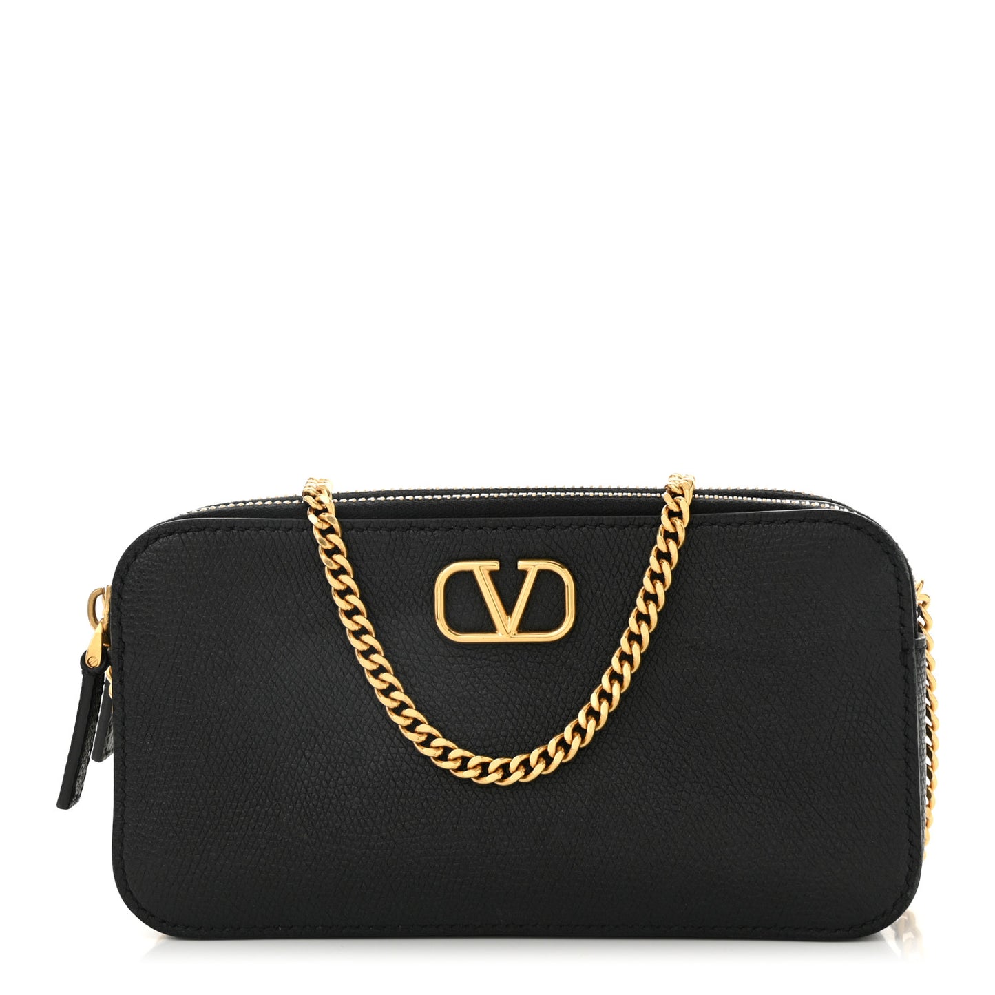 Grainy Calfskin VLogo Double Zip Camera Crossbody Bag Black