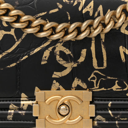 Chanel Calfskin Crocodile Embossed Graffiti Cocodile Medium Boy Flap Black Gold 8 of 16