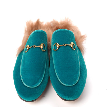 Gucci Velvet Fur Womens Princetown Slippers 37 Cyan 8 of 8