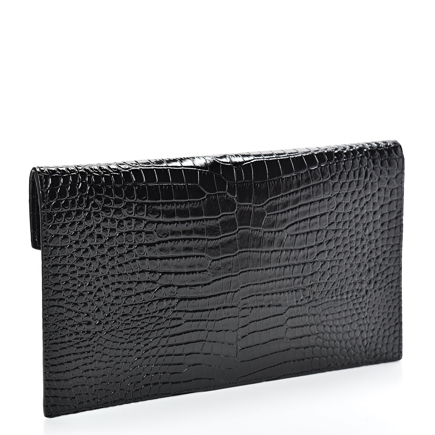 Saint Laurent Calfskin Crocodile Embossed Uptown Monogram Clutch Black 2 of 7