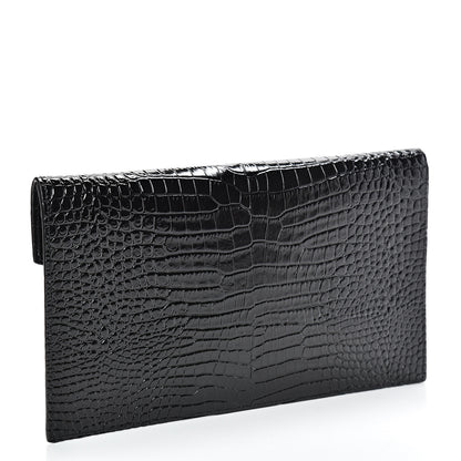 Saint Laurent Calfskin Crocodile Embossed Uptown Monogram Clutch Black 2 of 7