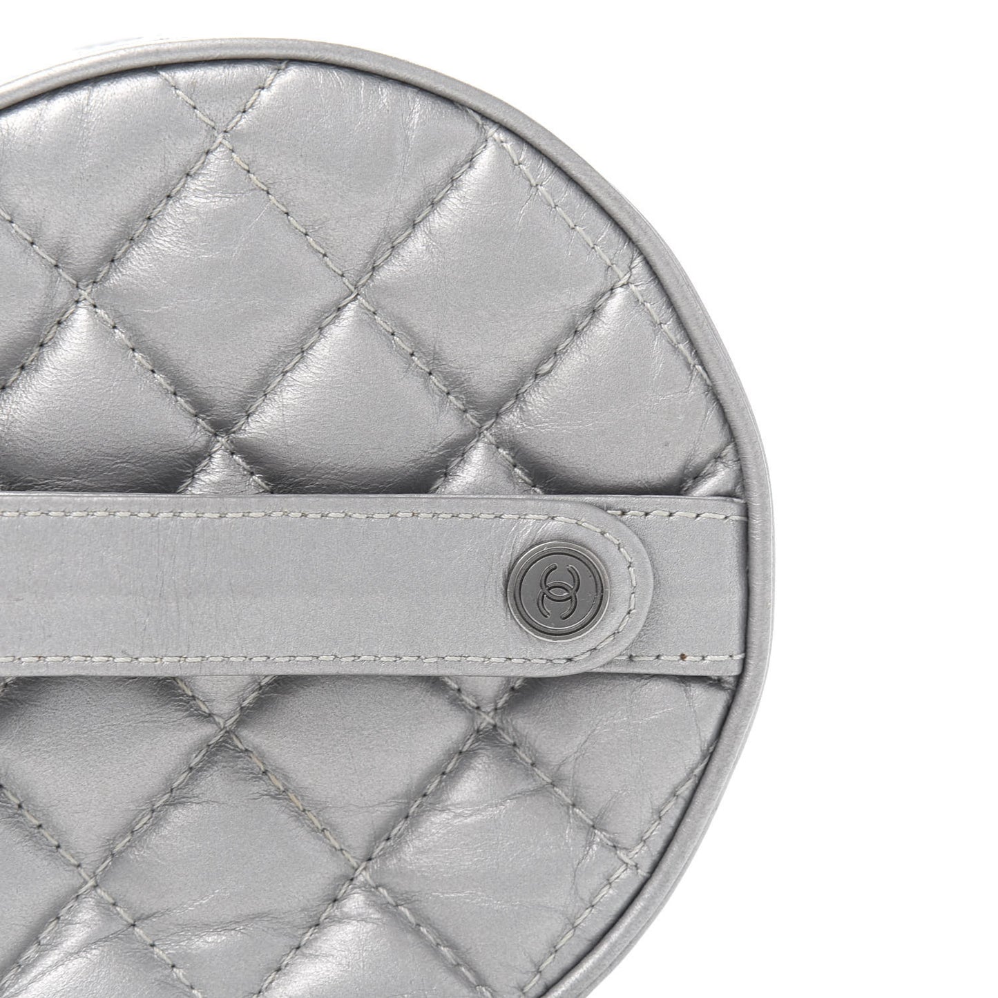 Metallic Aged Calfskin Quilted Round Bag Silver