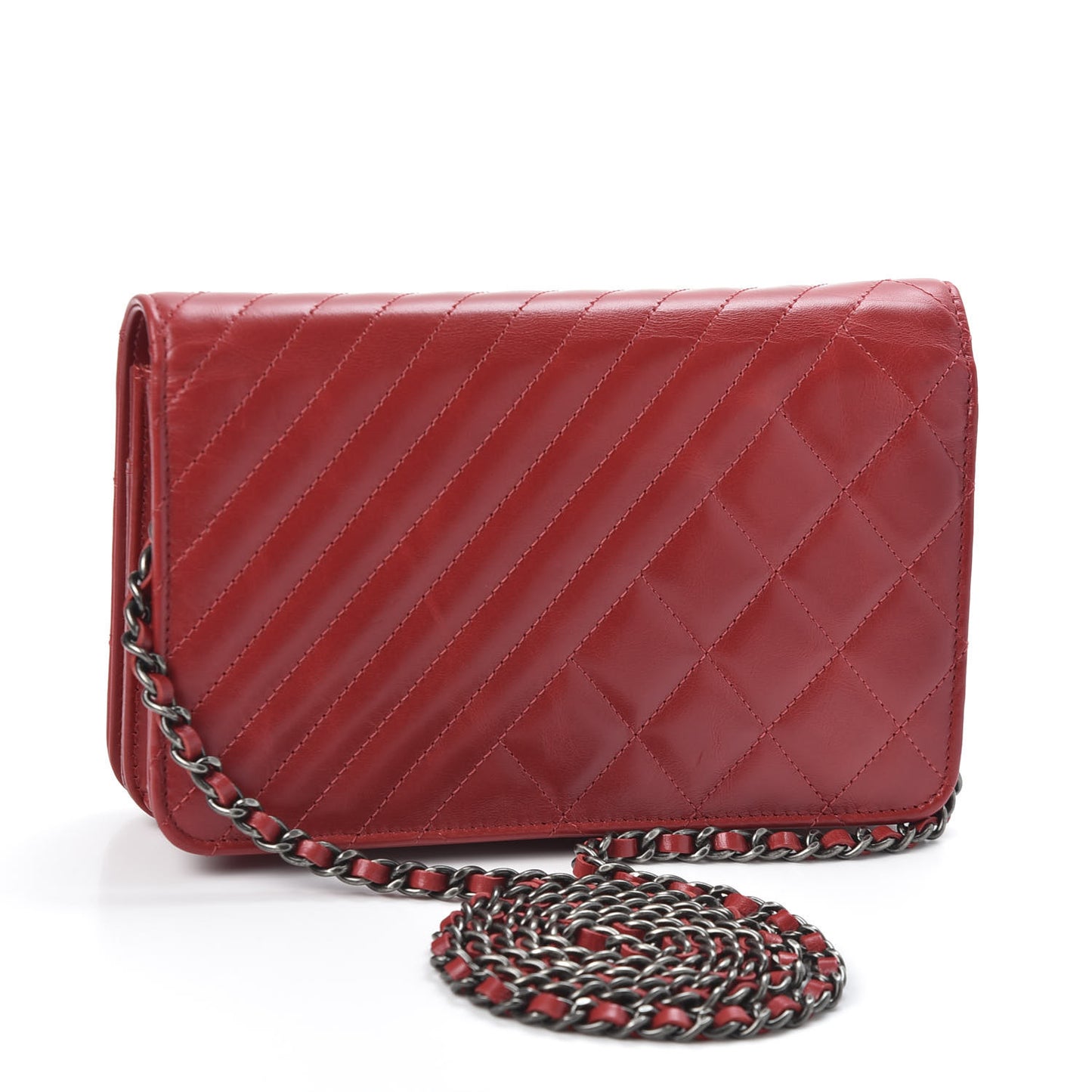 Glazed Calfskin Quilted Coco Boy Wallet On Chain WOC Red