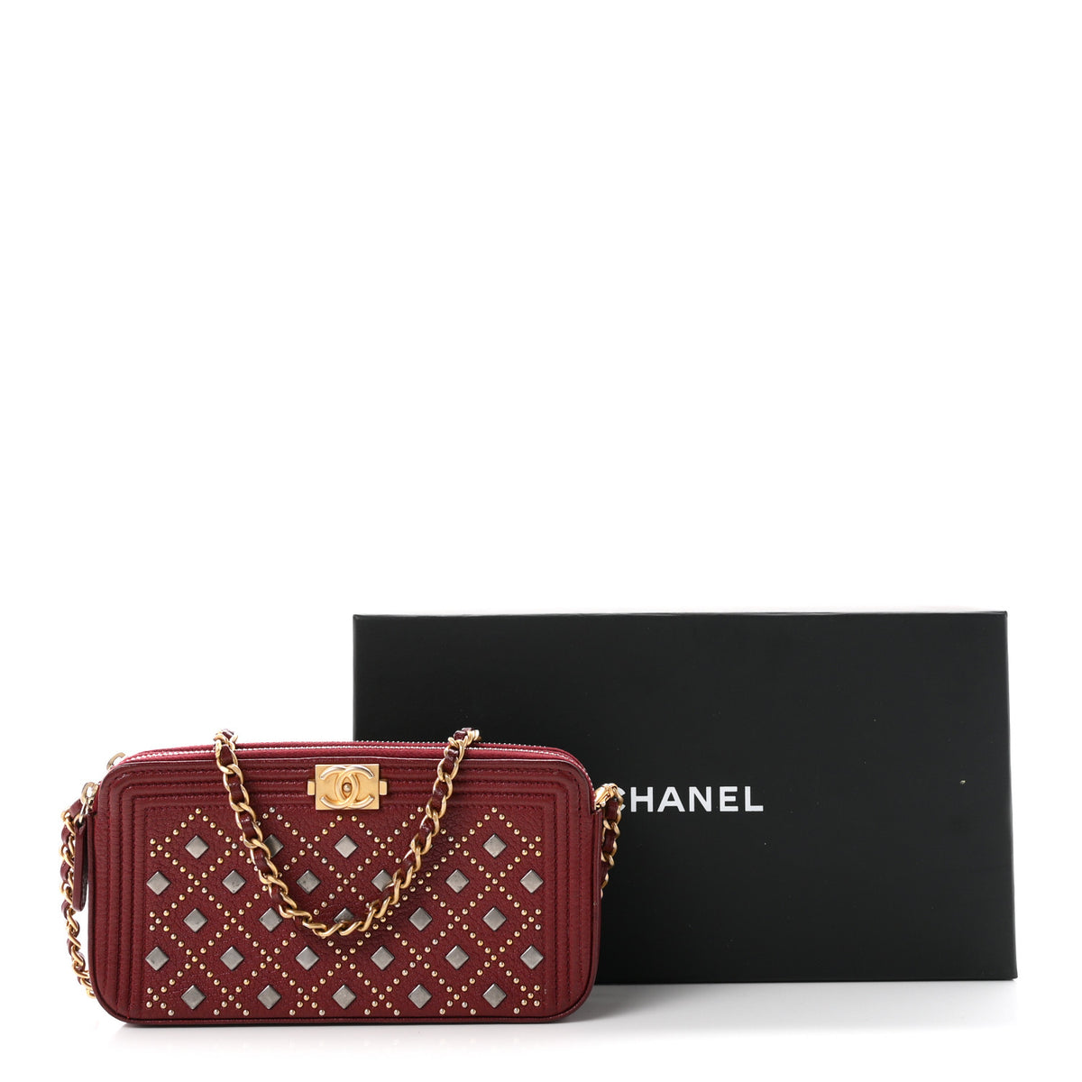 Grained Calfskin Studded Small Boy Clutch With Chain Dark Red