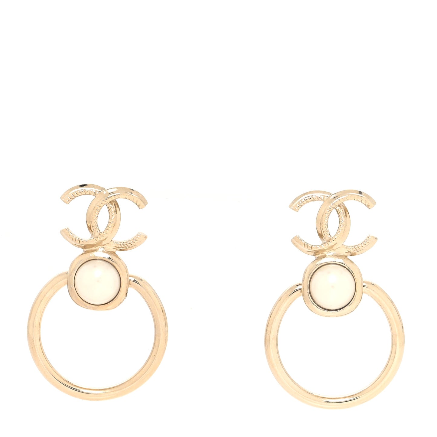 Metal Pearl CC Hoop Drop Earrings Gold