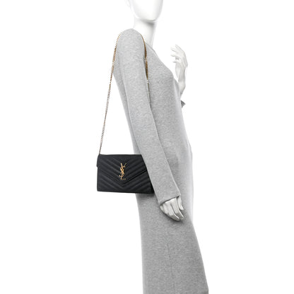 Saint Laurent Grain De Poudre Matelasse Chevron Monogram Chain Wallet Black 2 of 13