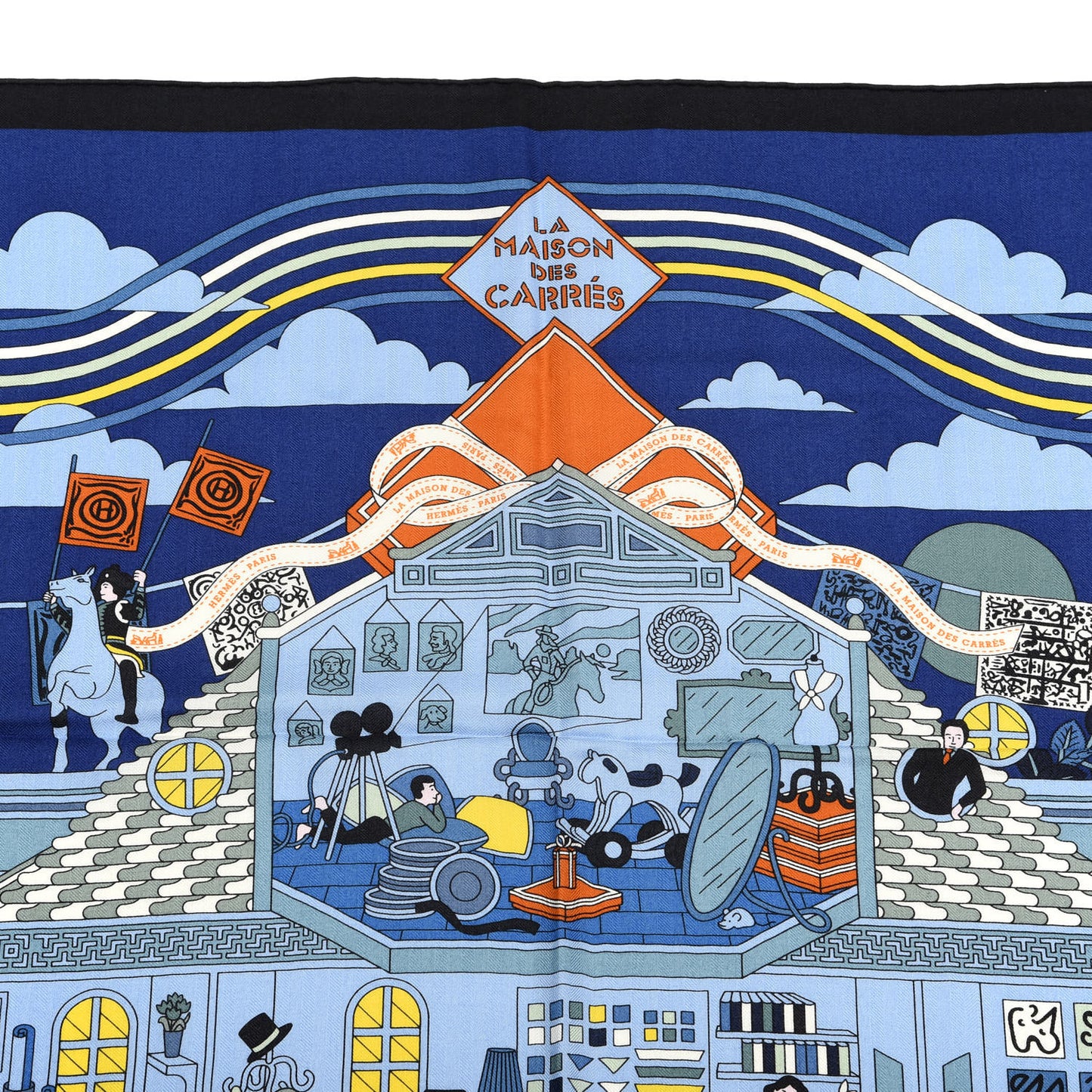 Cashmere Silk La Maison des Carres Shawl 140 Bleu Nuit Ciel Orange