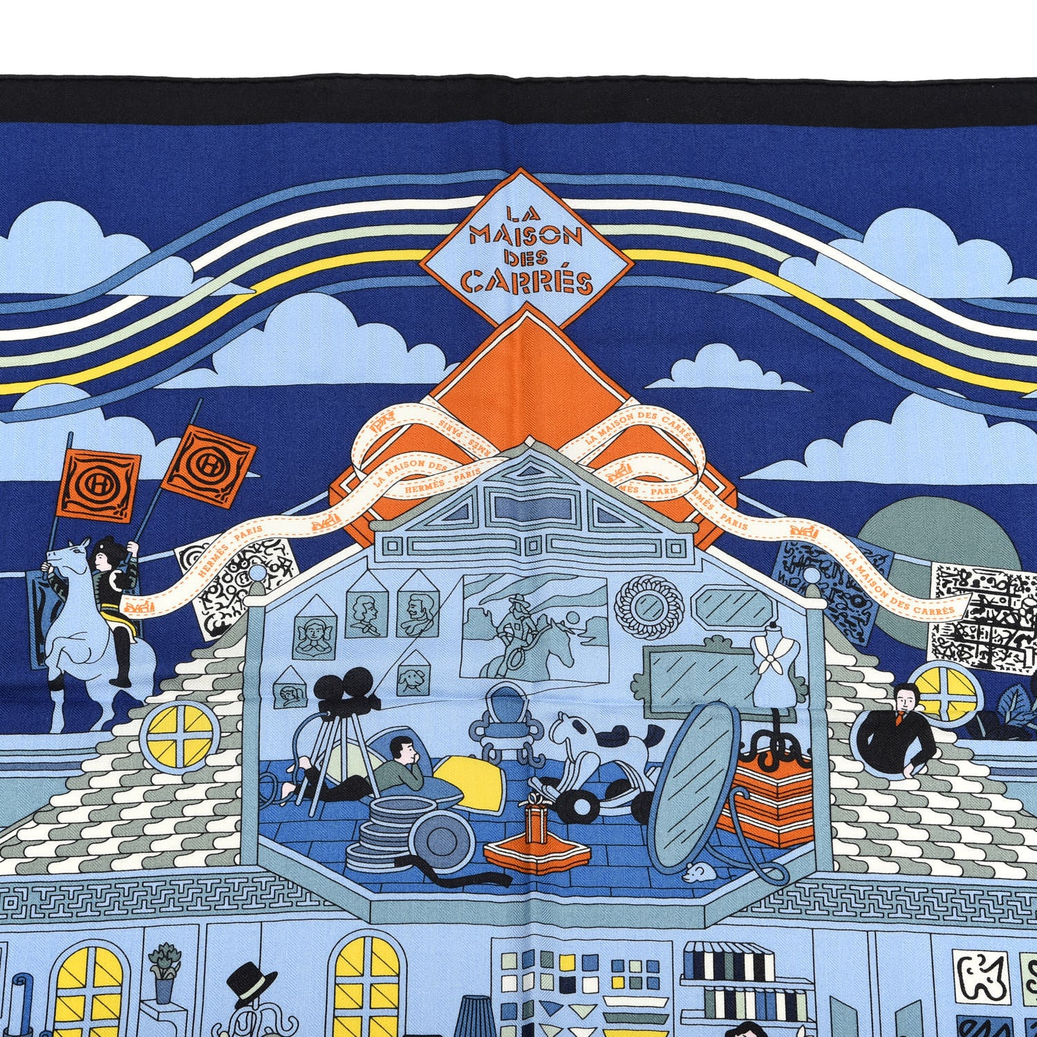 Hermes Cashmere Silk La Maison des Carres Shawl 140 Bleu Nuit Ciel Orange 2 of 5