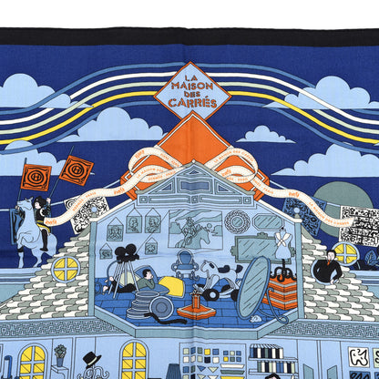 Hermes Cashmere Silk La Maison des Carres Shawl 140 Bleu Nuit Ciel Orange 2 of 5