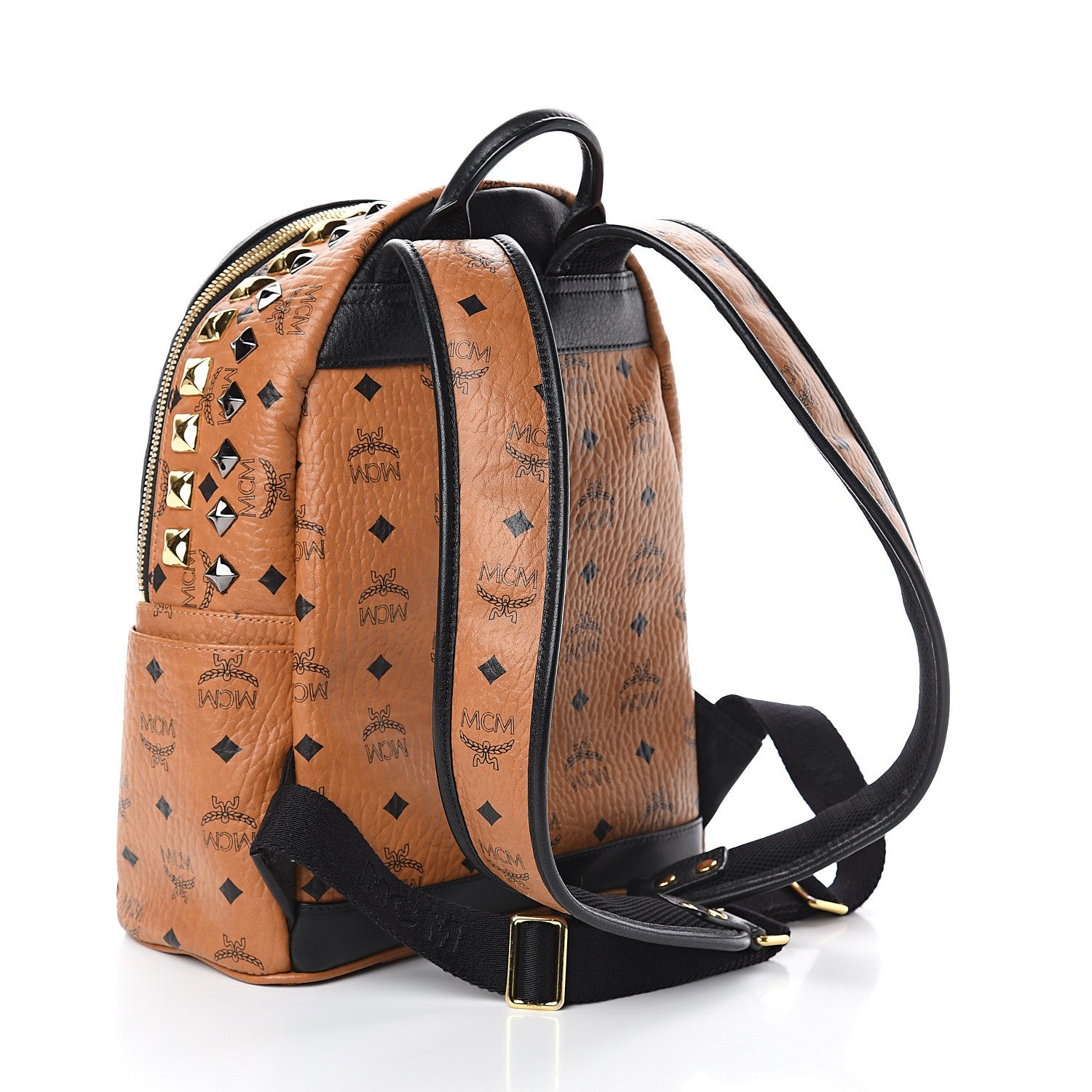 MCM Visetos Studded Colorblock Small Stark Brock Backpack Cognac Black 2 of 8