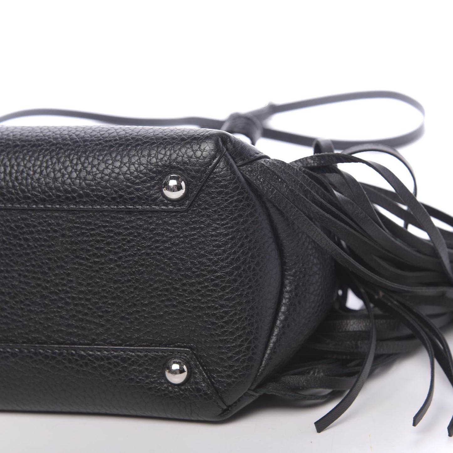 Grainy Calfskin Studded Fringe Baby Banner Tote Black