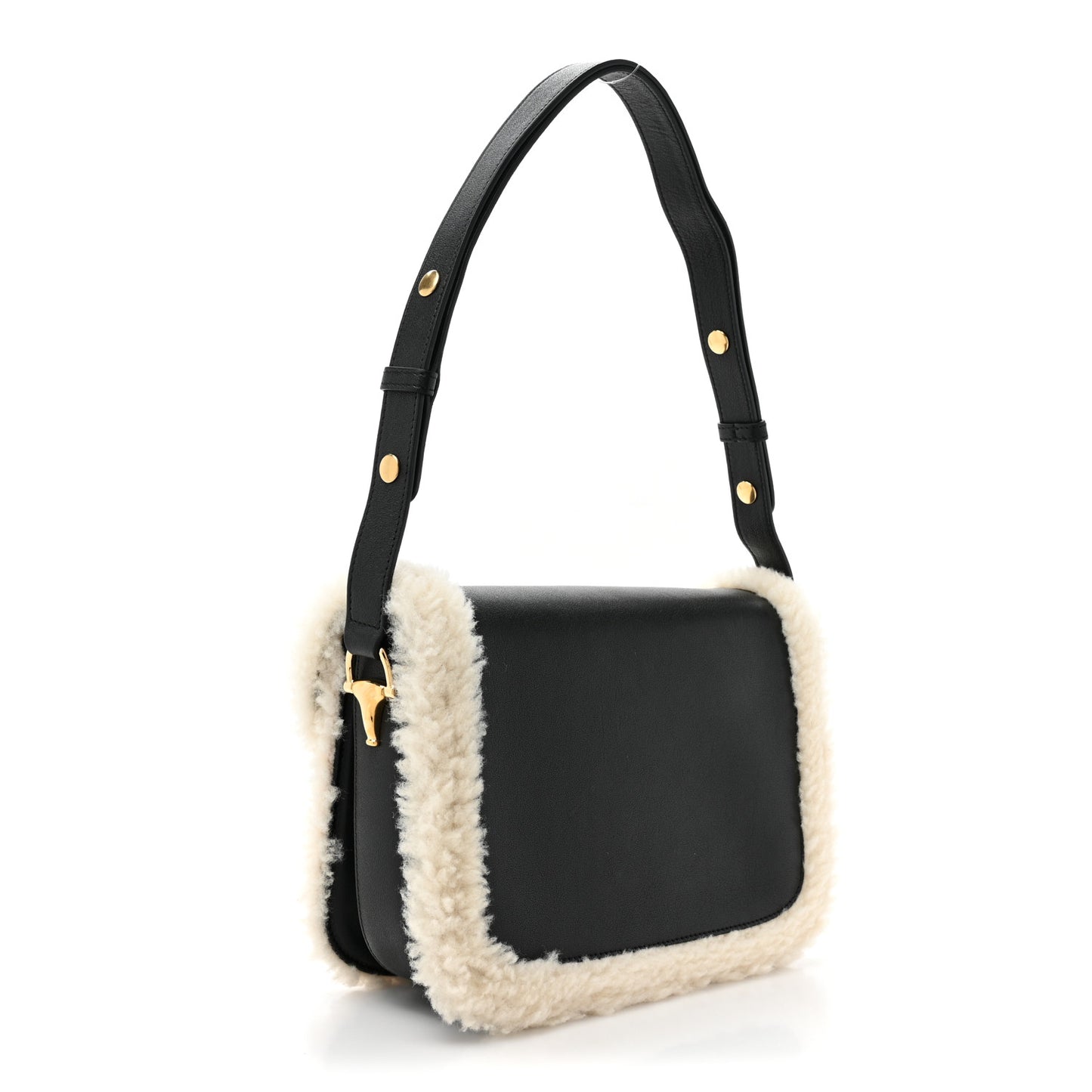 Sakai Be Green Calfskin Shearling Horsebit 1955 Shoulder Bag Black