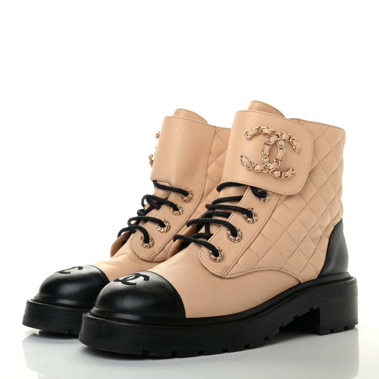 Lambskin Calfskin Quilted Lace Up Combat Boots 37.5 Beige Black