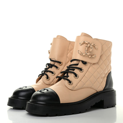 Chanel Lambskin Calfskin Quilted Lace Up Combat Boots 37.5 Beige Black 3 of 8