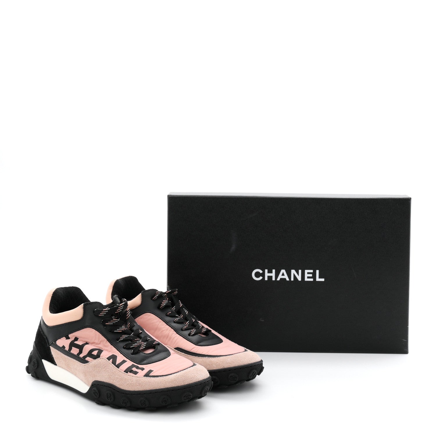 Chanel Nylon Calfskin Suede CC Womens Sneakers 37.5 Pink Black