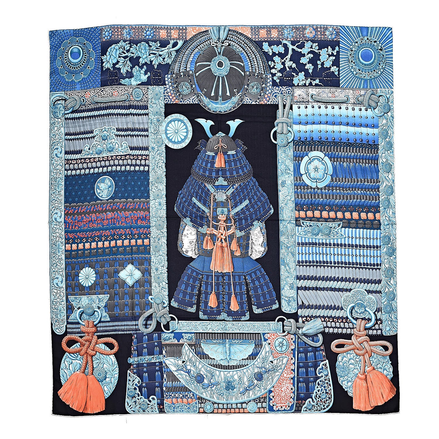 Hermes Cashmere Silk Parures De Samourais Shawl 140 Caban Bleu Ciel Saumon 1 of 4