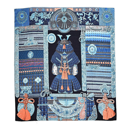 Hermes Cashmere Silk Parures De Samourais Shawl 140 Caban Bleu Ciel Saumon 1 of 4