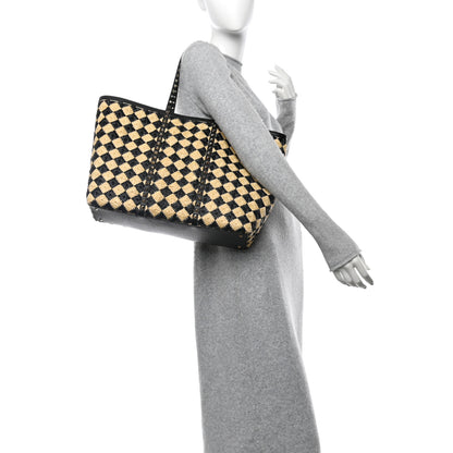 Valentino Garavani Raffia Embroidered Checkered Calfskin Rockstud Shopping Tote Natural Black 2 of 10