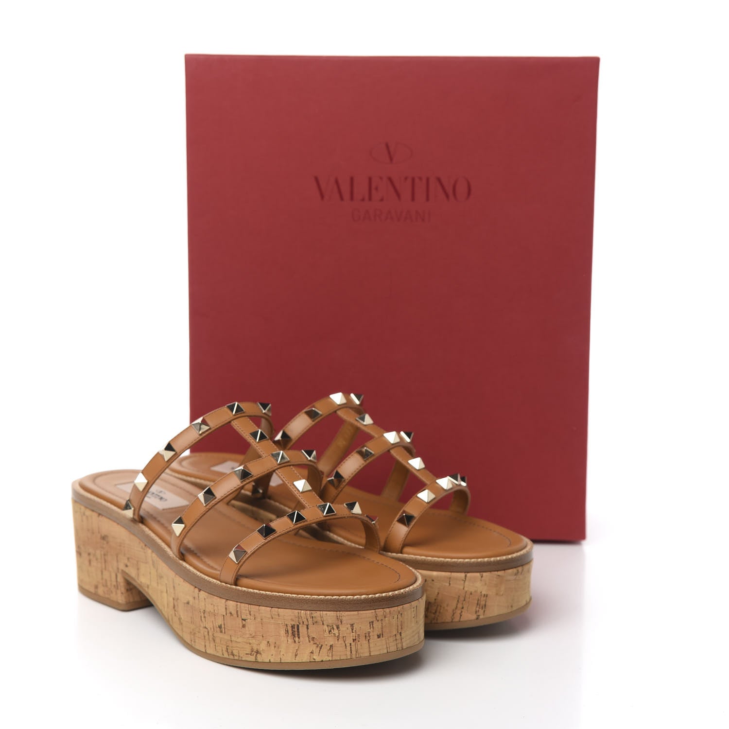 Valentino Garavani Calfskin Cork Rockstud Caged 30/50mm Platform Sandals 38 Tan 9 of 9