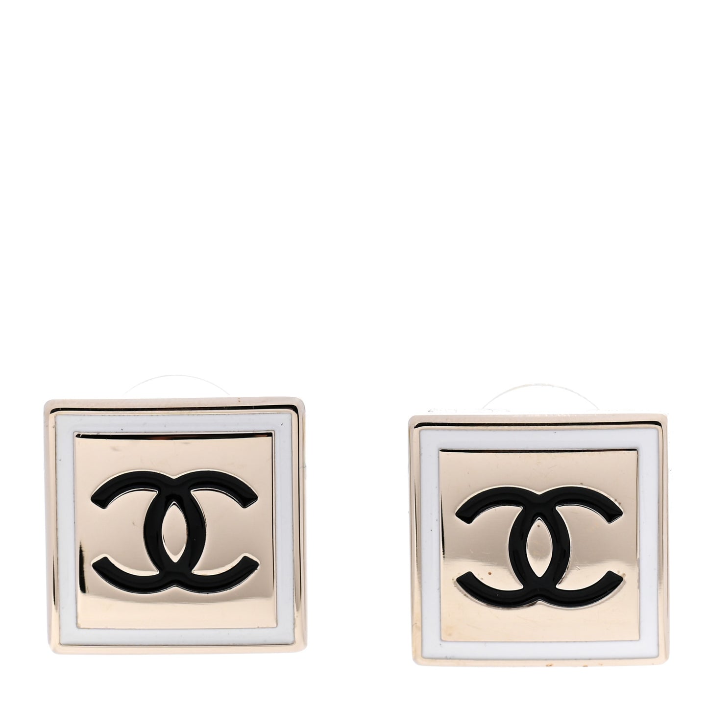 Metal Enamel CC Square Earrings Gold Black White