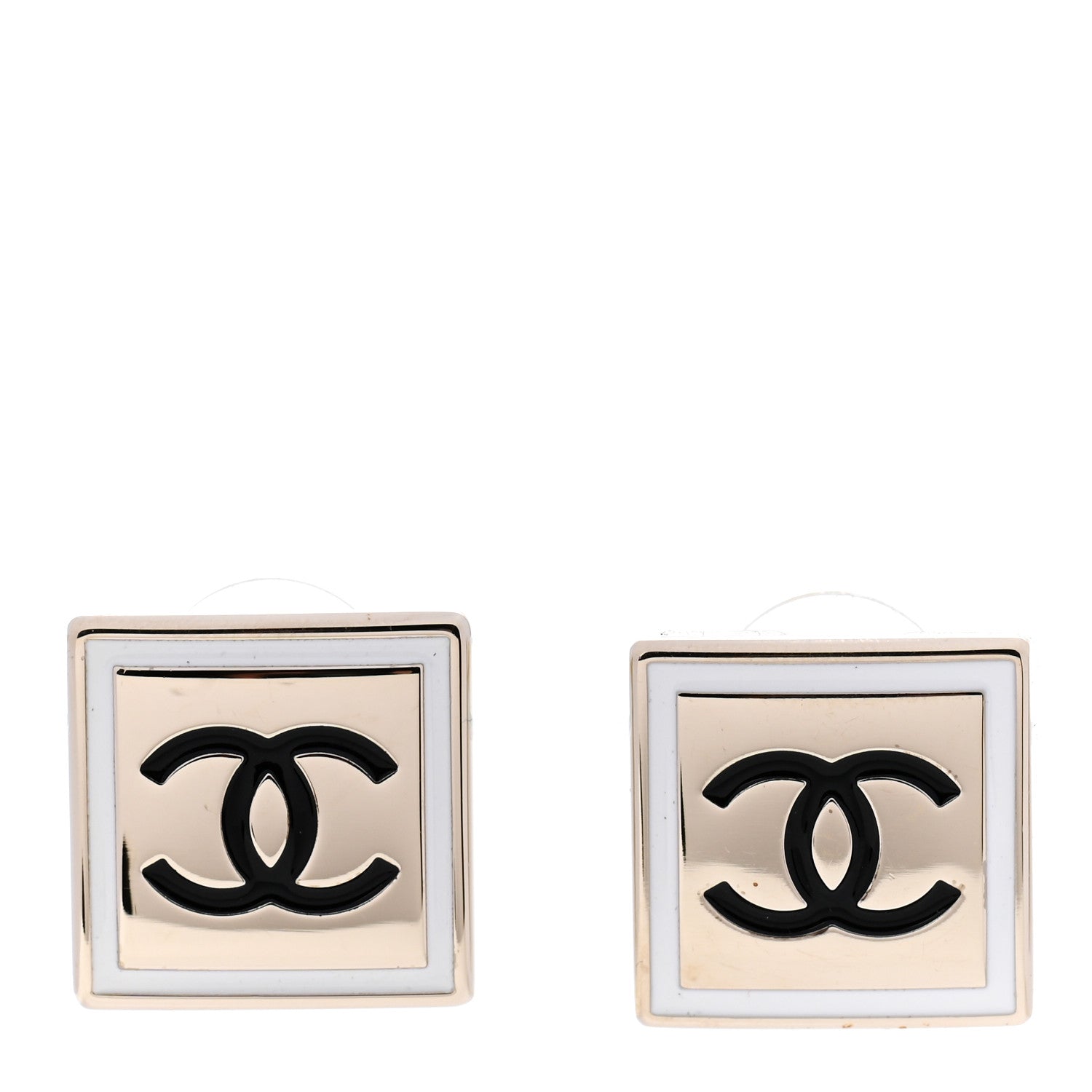 Chanel Metal Enamel CC Square Earrings Gold Black White 1 of 5