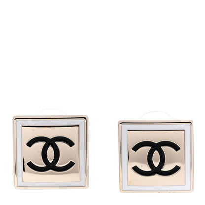 Chanel Metal Enamel CC Square Earrings Gold Black White 1 of 5