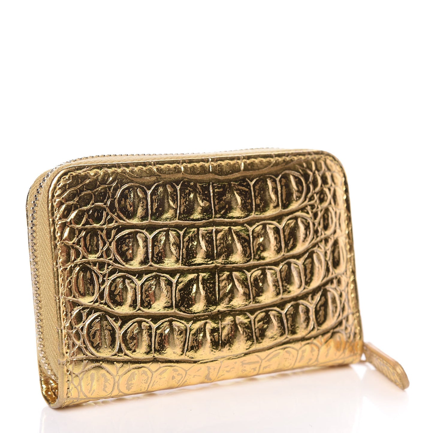 Metallic Calfskin Crocodile Embossed Cocodile Zip Coin Case Gold