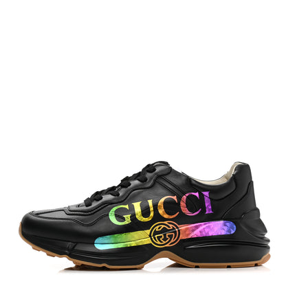 Gucci Calfskin Iridescent Logo Mens Rhyton Sneakers 9 Black 1 of 9