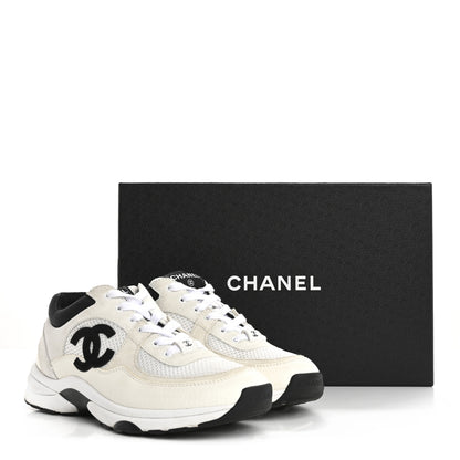 Chanel Mesh Suede Calfskin Grained Calfskin Womens CC Sneakers 38 White Black 14 of 14