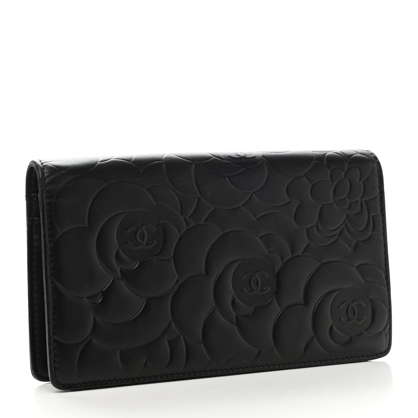 Lambskin Camellia Embossed Yen Wallet Black