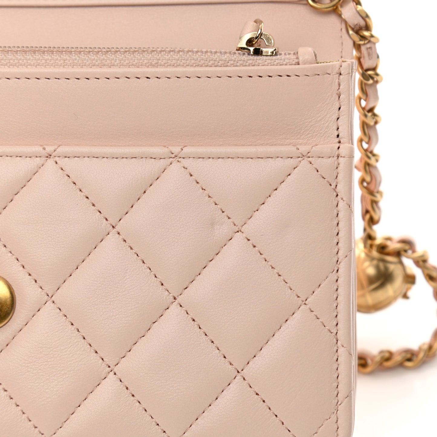 Lambskin Quilted CC Pearl Crush Wallet on Chain WOC Light Beige