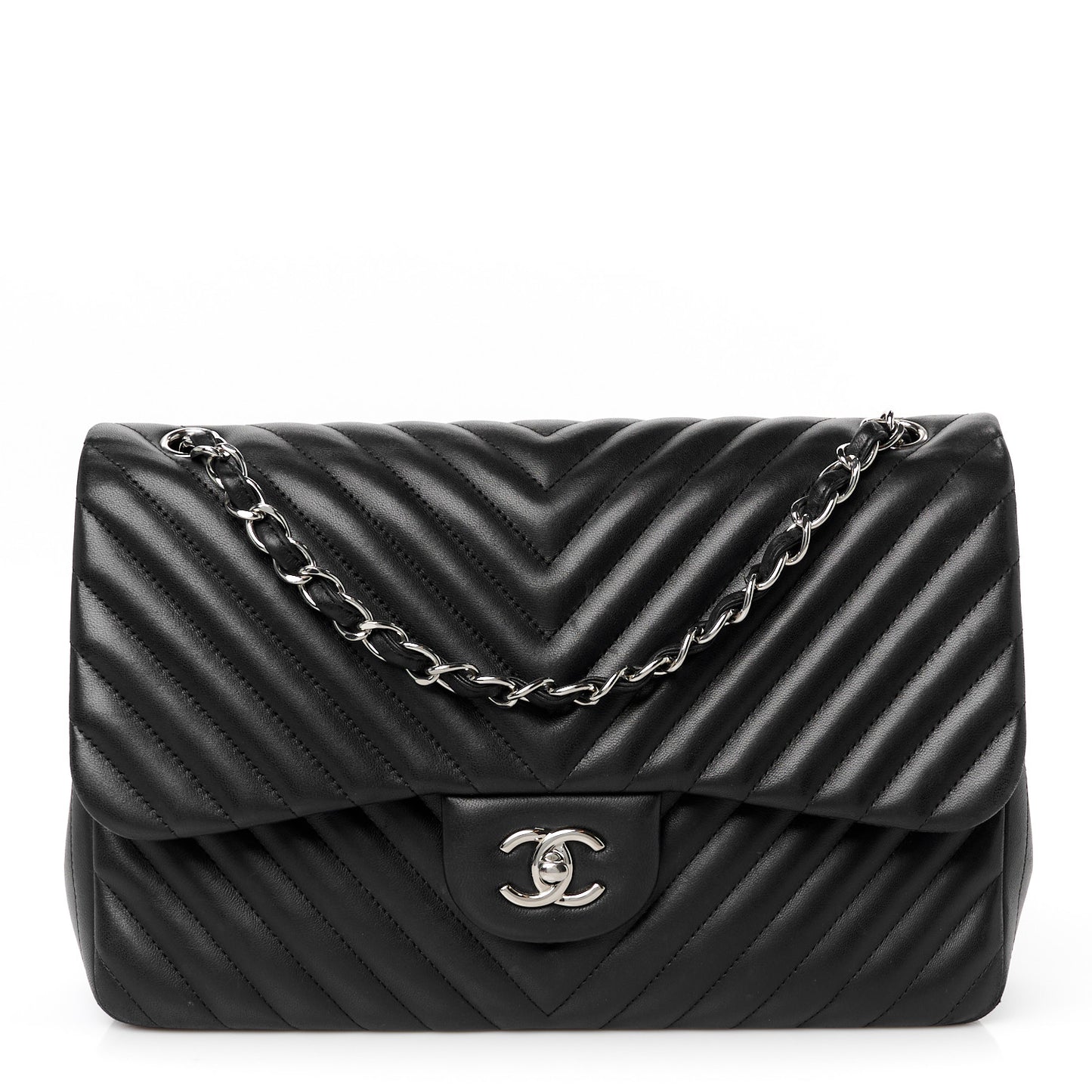 Lambskin Chevron Quilted Jumbo Double Flap Black